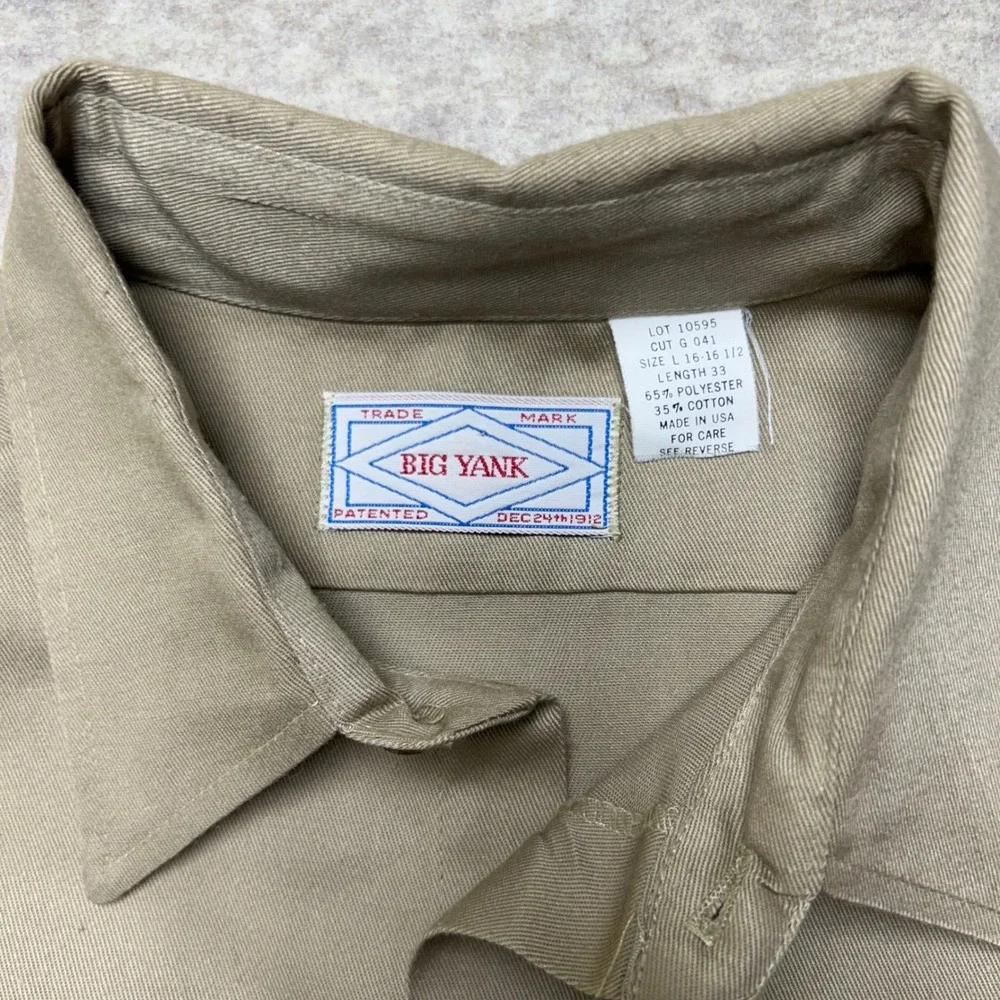 Big Yank Mens Long Sleeve Button Up Shirt Workwear Military Khaki Size 16 1/2 Lg